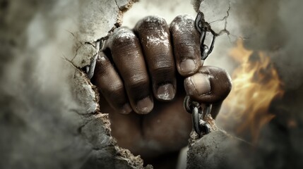Obraz premium Symbolic depiction of chained hands highlighting the struggle for freedom and overcoming control, visualizing themes of bondage, resistance, liberation, and human rights in one image.