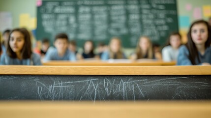 Blurred students behind clear chalkboard in classroom