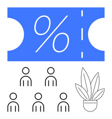 Blue discount coupon group of five outlined figures, and a potted plant. Ideal for community, nature, savings, business, teamwork, environment, and growth concepts. Line metaphor