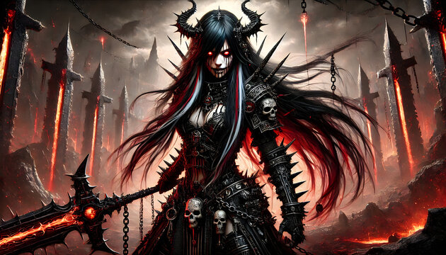Dark fantasy artwork of a female demon warrior