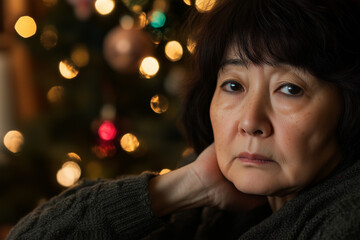 A lonely asian elderly woman is sitting at home for Christmas