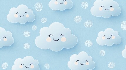 Artistic hand-drawn clouds with swirly lines, scattered across a soft sky blue background, childlike and imaginative seamless pattern