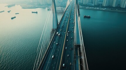 Obraz premium Aerial view of a cable-stayed bridge with heavy traffic over water.