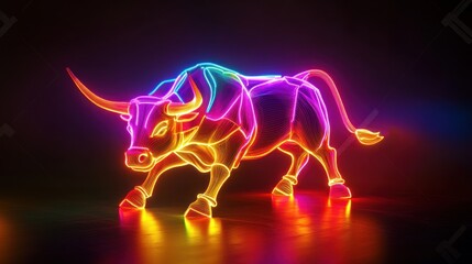 Neon bull with colorful lines, dark background.