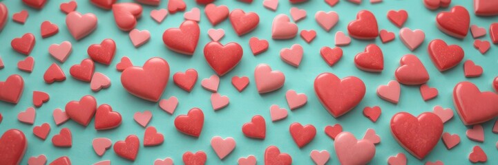 Fototapeta premium Scattered conversation hearts on turquoise background, close-up view, confectionery,pastel