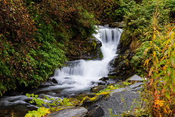 Scenic waterfalls in Valdez,Alaska during late autumn time.