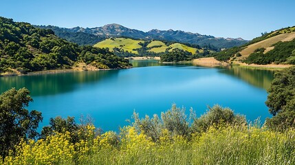 Serene Mountain Lake Landscape. Tranquil lake reflecting mountains.