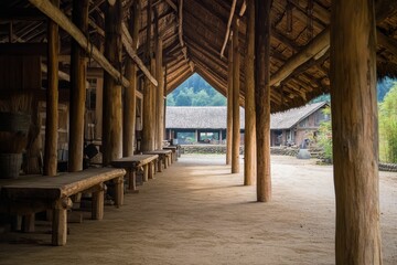 Wooden structure, long benches, thatched roof, open-air space.