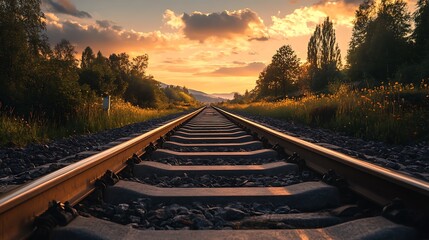 Fototapeta premium Sunset over Railroad Tracks. Concept of Journey, Adventure, and Travel.