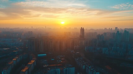 Fototapeta premium Sunrise over a sprawling city skyline. Urban landscape at dawn.