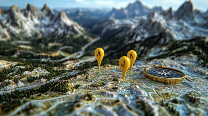 Map with pins and compass showing route on mountain terrain.