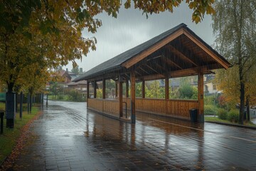 Obraz premium Wooden shelter, rain, wet pavement, autumn leaves.