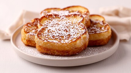 Crispy and fluffy slices of French toast topped with powdered sugar, arranged elegantly on a white plate, ideal for brunch aesthetics