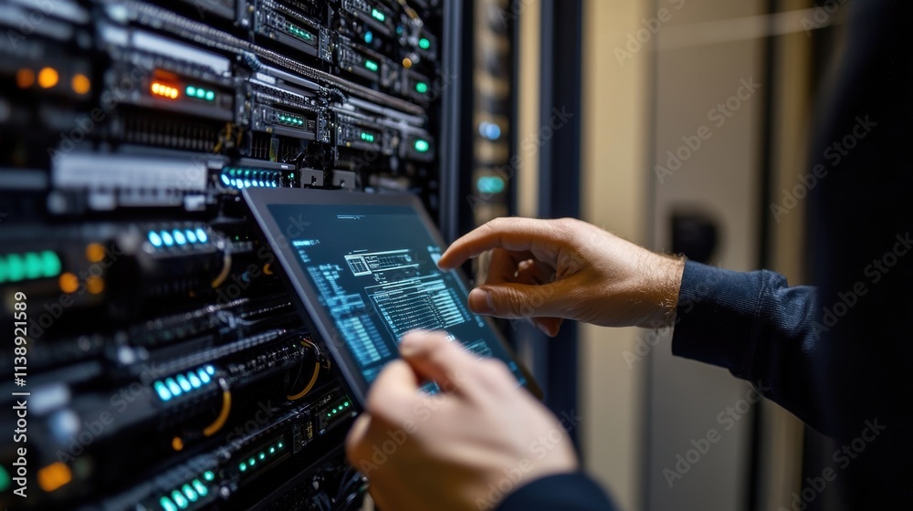 Poster a technicians hands finetuning a network configuration on a tablet with digital graphs and security 