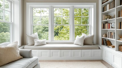 Fototapeta premium Cozy window seat with built-in storage in a bright room.