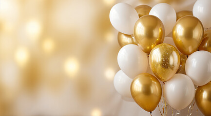 golden and white balloons on a bokeh background with copy space