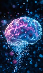 Obraz premium Glowing brain with particles on dark background.