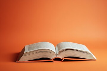 Open book on orange background, knowledge concept, copy space