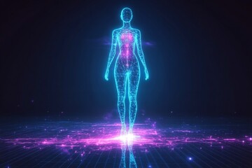 Glowing polygonal female figure on a digital grid.