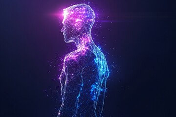 Glowing polygonal human body with light flares.