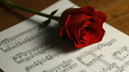 Single red rose rests delicately on sheet music, stem,texture