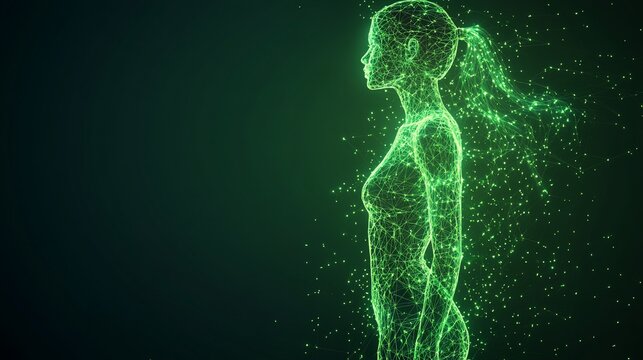 Green glowing particles form female body shape.