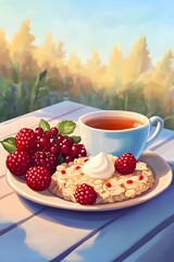 A serene breakfast setting with a cup of tea, berries, and a dessert on a plate.