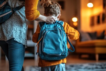 Mother sending off child with backpack to school