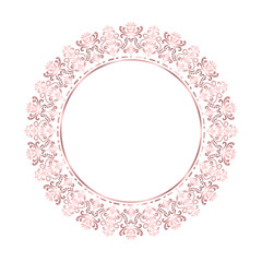 Round damask ornament, Decorative rose gold frame, Elegant vector element for design in Eastern style, beauty place for text, Floral vintage border, Lace illustration for invitations and greeting card