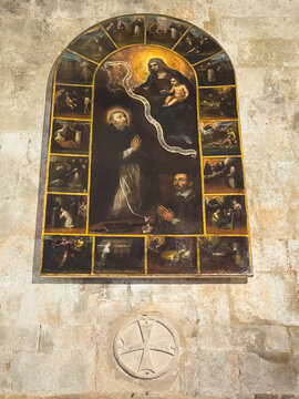 Korcula, Croatia - June 30, 2024: Saint Mark Cathedral. Combination painting of Madonna appearing in front of praying monks