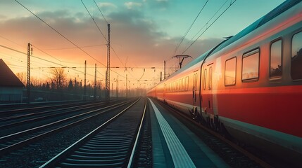 Naklejka premium Red Train at Sunset Station. Concept of travel, transportation, and journey.