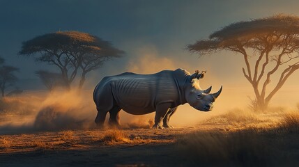 Fototapeta premium Rhino walking savanna dust, golden sunset.