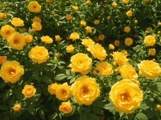 Vibrant yellow roses bloom in a lush green garden bathed in sunlight, beauty, detail