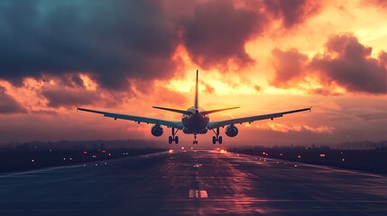 Airplane Landing at Sunset. Concept of Travel, Transportation, and Adventure.