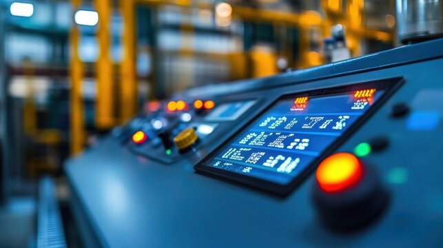 A detailed shot of a programmable logic controller PLC featuring illuminated buttons and digital displays that monitor factory automation processes in real time.