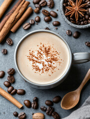 Fototapeta premium Warm spiced latte with coffee beans and spices