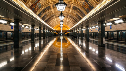 Fototapeta premium Modern metro station with elegant design and reflective flooring captured in an underground setting