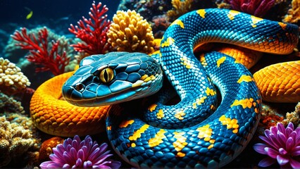 Fototapeta premium Colorful blue and yellow snake among coral reefs underwater scene