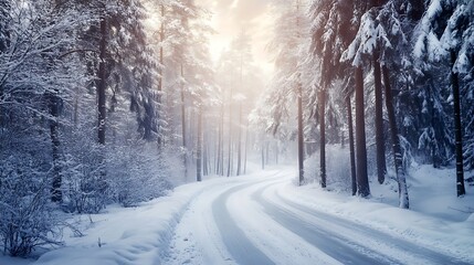 Fototapeta premium Winter wonderland road through snowy forest. Concept of serenity, peace, and winter landscape.