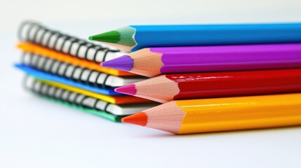 Fototapeta premium Stack of colorful pencils resting on notebooks.