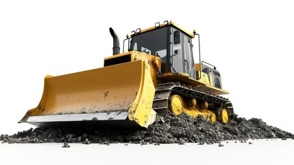 Obraz premium Bulldozer is moving a mound of earth that is blocking it, minimalist three-dimensional concept on a plain white background