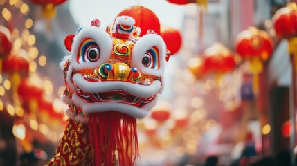 A vibrant Lunar New Year parade scene with lion dancers and festive decorations against a bustling...