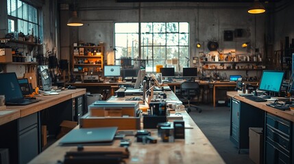 Messy electronics workshop interior with computers and tools.