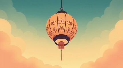 Obraz premium A single ornate Chinese lantern glowing softly against a cloudy blue sky, creating a peaceful and traditional festive mood.