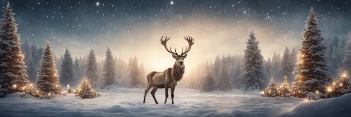 Christmas banner with magical scene of a reindeer in center in snowy forest with Christmas trees with lights and stars with copy space