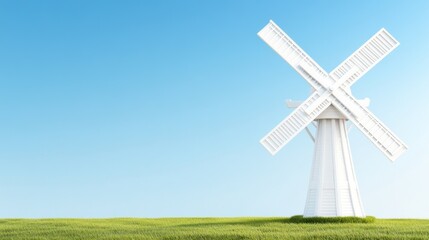 Fototapeta premium A white windmill stands against a clear blue sky and green grass.