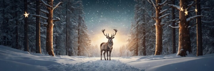 Christmas banner with magical scene of a reindeer in center in snowy forest with Christmas trees with lights and stars with copy space