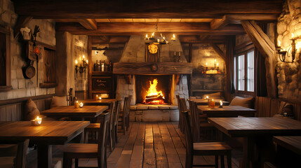 Warm medieval tavern with wooden tables and a roaring fireplace candle-light setting cozy with rich wood tones and soft flickering light detailed 3d rendering. Flicker. Illustration