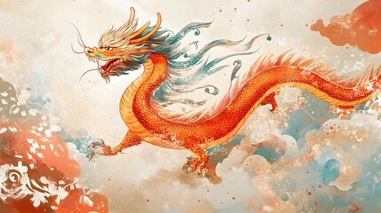 Majestic Orange Dragon Soaring Through Whimsical Clouds