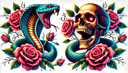 3D Ai Digital illustration art 2 Skull and Snake tattoo logo design, Cobra snake, vibrant, red roses, thorns, horns, danger, scary, horror, t-shirt, stickers, vintage, Isolated on white background